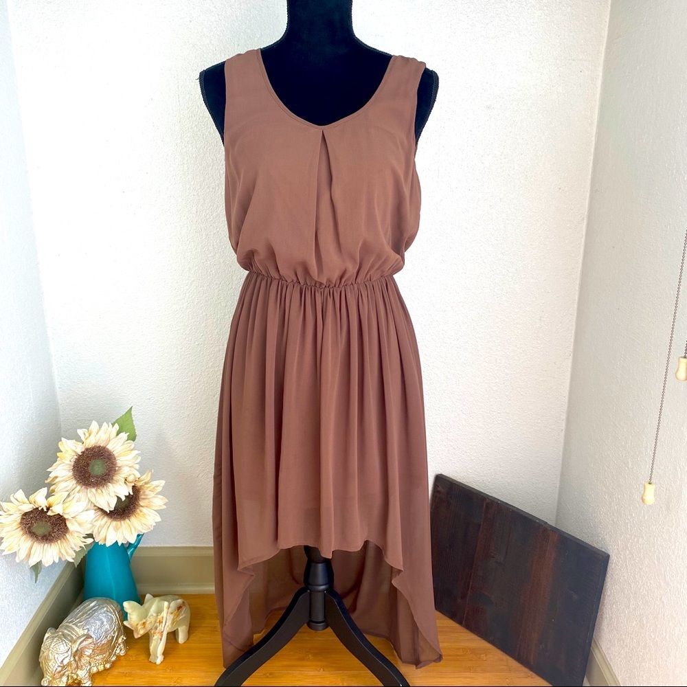 Brown High-Low Dress - Sheer Overlay - Sleeveless